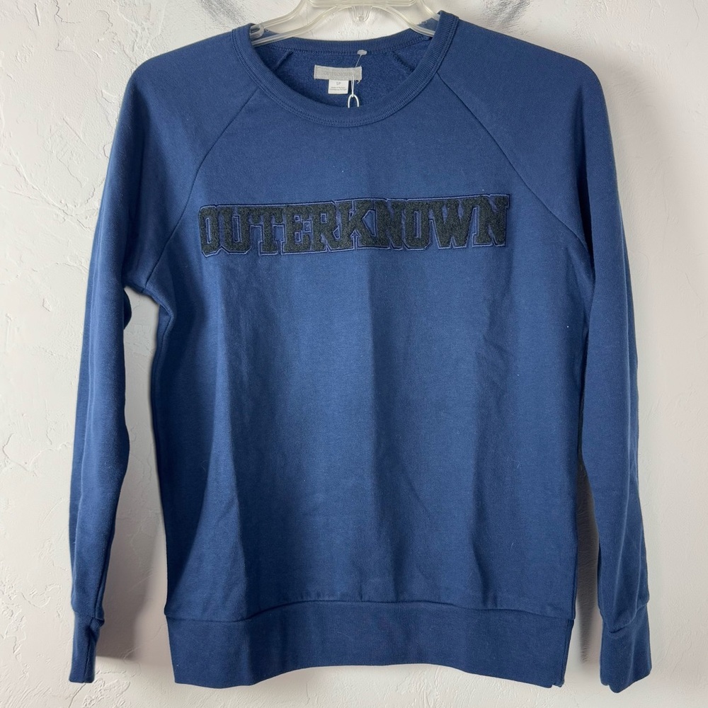 Outerknown Sweater Pullover Sweatshirt Dark Navy Blue Black Fleece Big Logo Knit